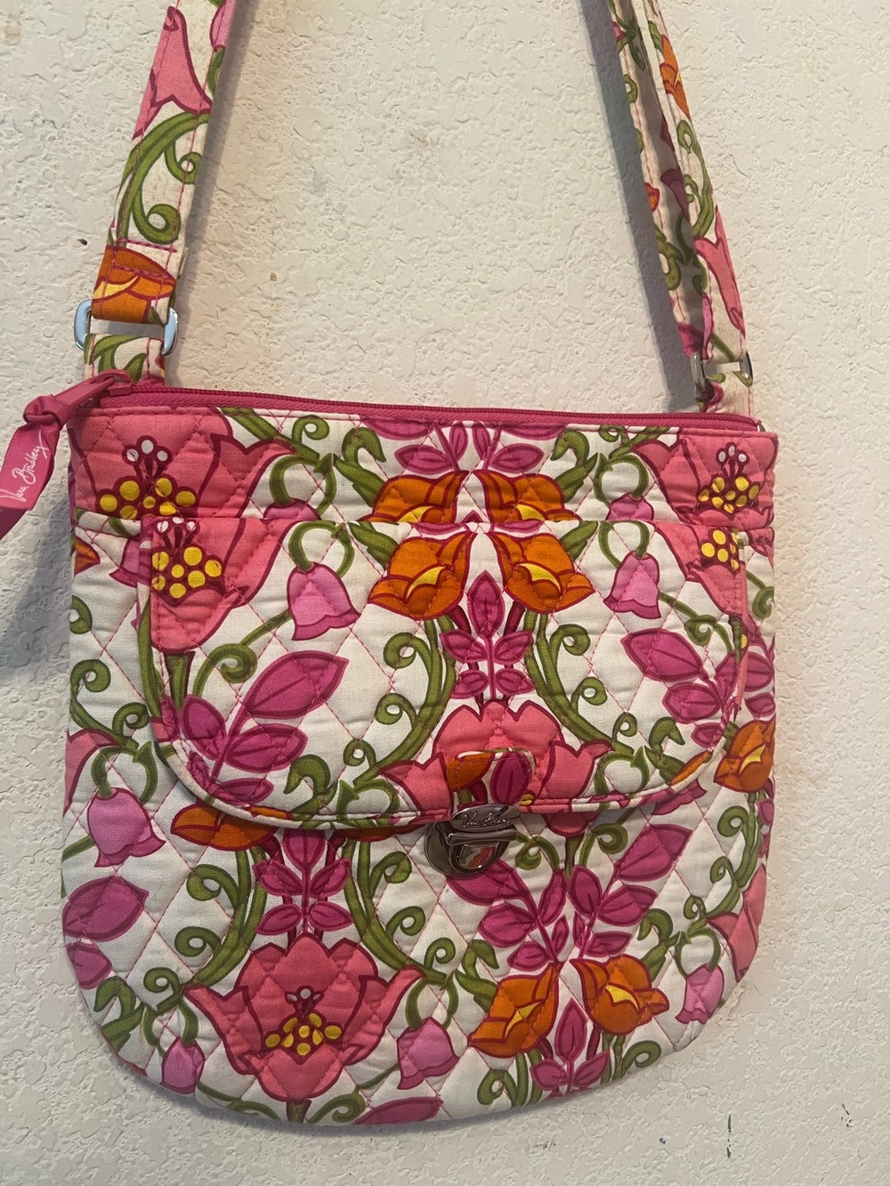 Vera Bradley Pink Floral Quilted Crossbody with Orange & Green Details